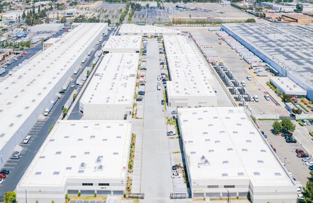 Aerial view of the Garfield Avenue industrial park in Paramount, California, showing 14514 Garfield Ave among the concrete tilt-up buildings and truck courts